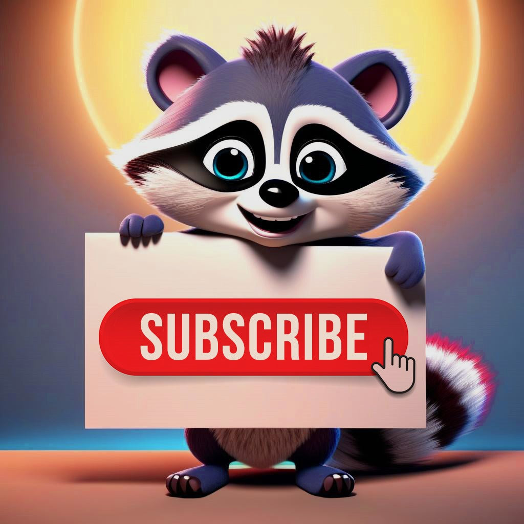 A raccoon holding a banner that says "Subscribe".