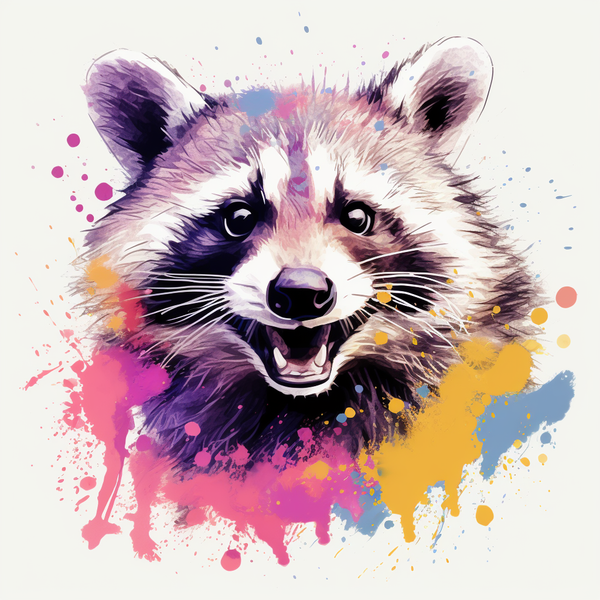  a raccoon splattered with colors